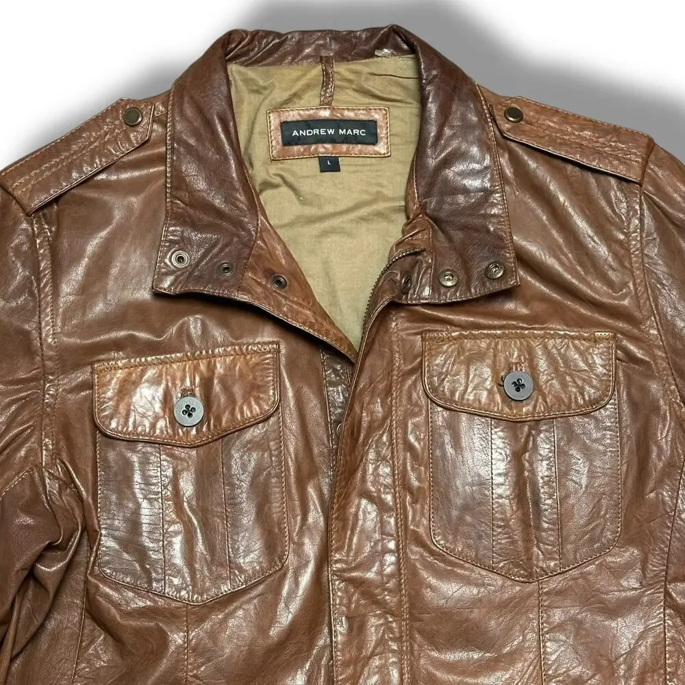 Andrew Marc Brown Leather Utility Moto Chore Jacket Mackinaw Style Sz L - Picture 5 of 10